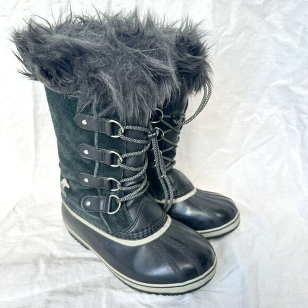 Sorel Joan of Arctic Black Leather Lace Up Winter Boots Outdoors Snow Size 5